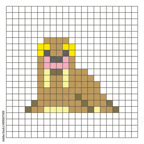 A flat pixel design made of geometric square color blocks on a clean grid layout. Pixel art walrus