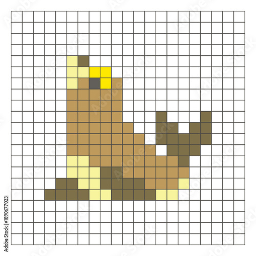 A flat pixel design made of geometric square color blocks on a clean grid layout. Pixel art seal