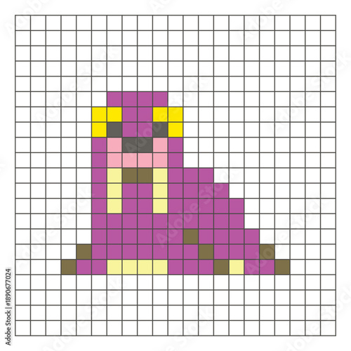 A flat pixel design made of geometric square color blocks on a clean grid layout. Pixel art walrus