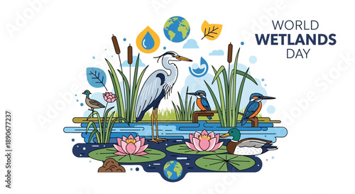 Illustration of various animals and plants in a wetland ecosystem with 'World Wetlands Day' text in a colorful, stylized design.