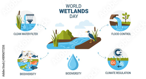 World Wetlands Day illustration featuring a character surrounded by icons highlighting wetland ecosystem services including clean water, biodiversity, and climate regulation in America.