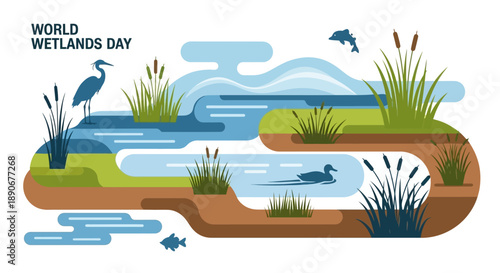 Vector illustration of a wetland ecosystem on World Wetlands Day featuring animals, plants, and a character design in a colorful, stylized America wetlands environment.