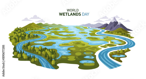 Illustration of a serene wetland landscape with winding river, lush greenery, and majestic mountains for World Wetlands Day, featuring a character sketch design.