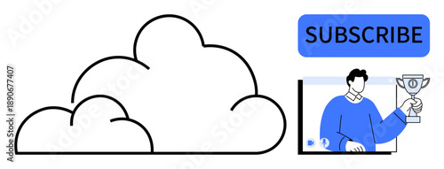 Abstract cloud icon next to subscribe button and video player featuring a man holding a trophy. Ideal for online platforms, content creation, digital marketing, cloud services, social media, video