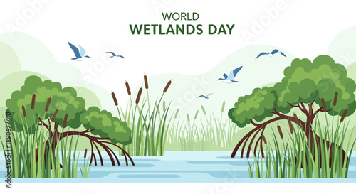 Illustration of a serene wetlands scene with trees, water, and birds for World Wetlands Day, featuring a character sketch design.