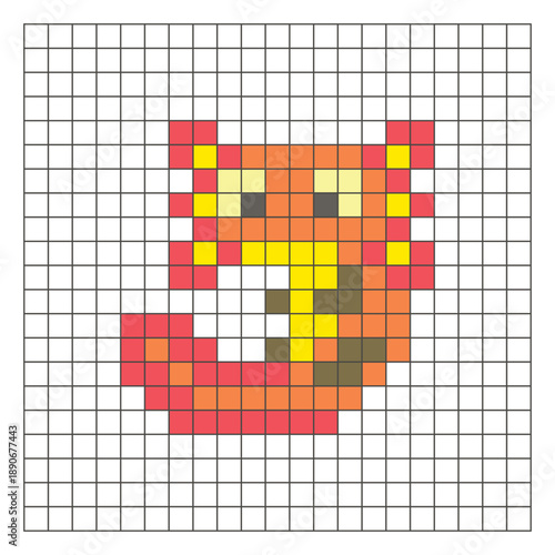 A flat pixel design made of geometric square color blocks on a clean grid layout. Pixel art axolotl
