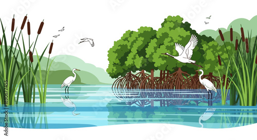 An illustrated scene depicting a serene wetlands environment with animals, including white herons and lush greenery, on World Wetlands Day, set in America with a tree and water features.