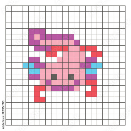 A flat pixel design made of geometric square color blocks on a clean grid layout. Pixel art axolotl