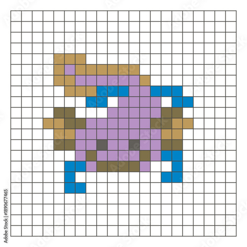 A flat pixel design made of geometric square color blocks on a clean grid layout. Pixel art axolotl