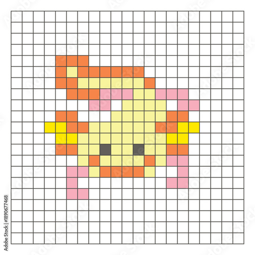 A flat pixel design made of geometric square color blocks on a clean grid layout. Pixel art axolotl