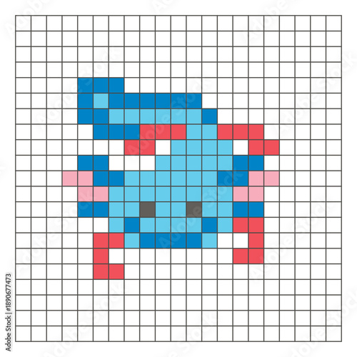 A flat pixel design made of geometric square color blocks on a clean grid layout. Pixel art axolotl