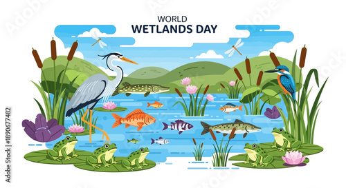 Vector illustration of various animals and plants in a wetland ecosystem on World Wetlands Day with a character design for America.