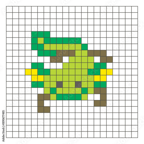 A flat pixel design made of geometric square color blocks on a clean grid layout. Pixel art axolotl