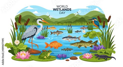 Vector illustration of diverse wetland animals and plants for World Wetlands Day with a character design in a natural setting.
