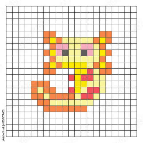 A flat pixel design made of geometric square color blocks on a clean grid layout. Pixel art axolotl