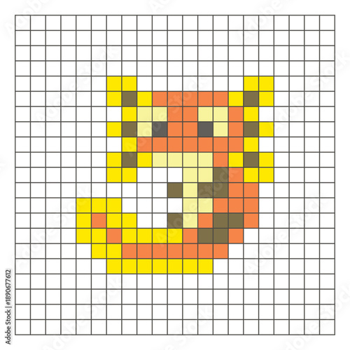 A flat pixel design made of geometric square color blocks on a clean grid layout. Pixel art axolotl