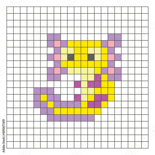 A flat pixel design made of geometric square color blocks on a clean grid layout. Pixel art axolotl