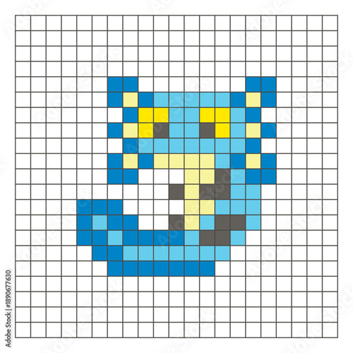A flat pixel design made of geometric square color blocks on a clean grid layout. Pixel art axolotl