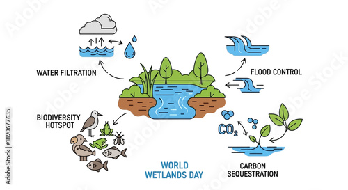 Illustration of a wetland ecosystem on World Wetlands Day, featuring various environmental functions and a character design with trees, animals, and water elements.