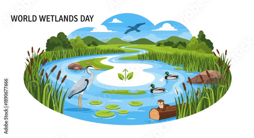 Illustration of a serene wetlands scene with animals, trees, and lush greenery, celebrating World Wetlands Day with a character design.