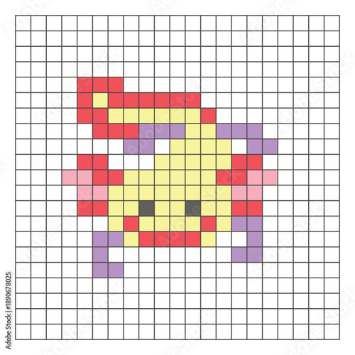 A flat pixel design made of geometric square color blocks on a clean grid layout. Pixel art axolotl
