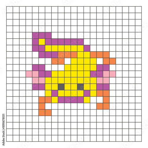 A flat pixel design made of geometric square color blocks on a clean grid layout. Pixel art axolotl