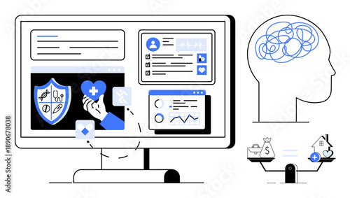 Digital healthcare. Digital healthcare ed by computer screens, health tools, and mental health symbols. Digital solutions for health monitoring, analysis, and mental well-being. Applications in
