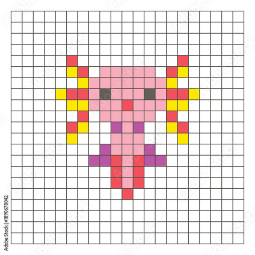 A flat pixel design made of geometric square color blocks on a clean grid layout. Pixel art axolotl