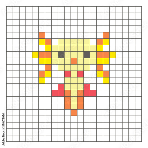 A flat pixel design made of geometric square color blocks on a clean grid layout. Pixel art axolotl
