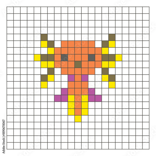 A flat pixel design made of geometric square color blocks on a clean grid layout. Pixel art axolotl