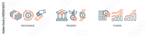 ETF banner web icon vector illustration concept Exchange Traded Funds Stock Market Investment with icon of money, cash flow, trading, transaction, bank, accounting, and growth