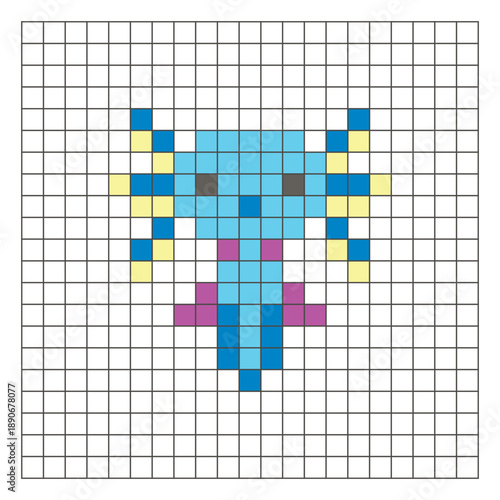 A flat pixel design made of geometric square color blocks on a clean grid layout. Pixel art axolotl
