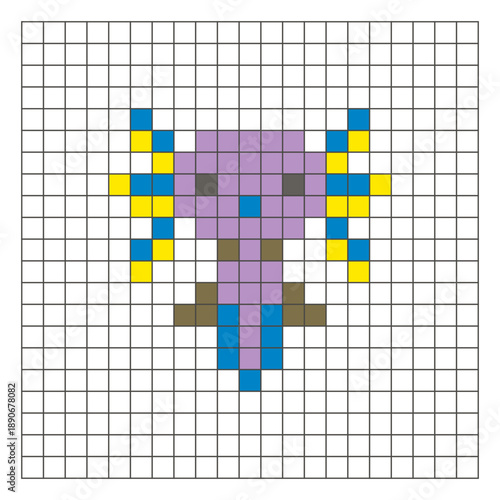 A flat pixel design made of geometric square color blocks on a clean grid layout. Pixel art axolotl