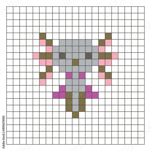 A flat pixel design made of geometric square color blocks on a clean grid layout. Pixel art axolotl