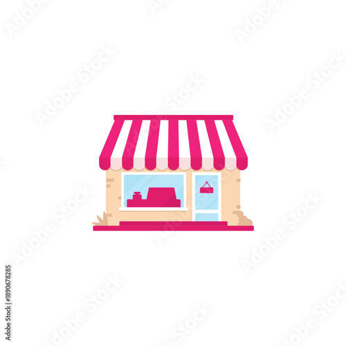 Cute small commercial store building storefront with pink color accent