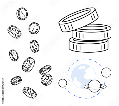 Cryptocurrency, finance, blockchain, global transactions, digital payments, decentralized currency. Stacked and falling coins with dollar and bitcoin symbols next to Earth and planetary icon