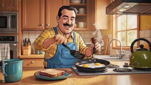 Man Cooking Breakfast in a Sunny Kitchen Illustration.
