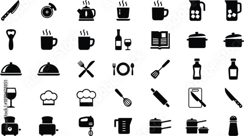Kitchenware And Cooking Glyph Icon Set With Toaster Chef Hat Knife Whisk Rolling Pin Coffee And Restaurant Utensils