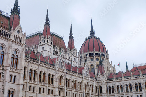 The Hungarian Parliament Building, the iconic landmark of Budapest on a winter Christmas day