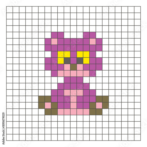 A flat pixel design made of geometric square color blocks on a clean grid layout. Pixel art bear