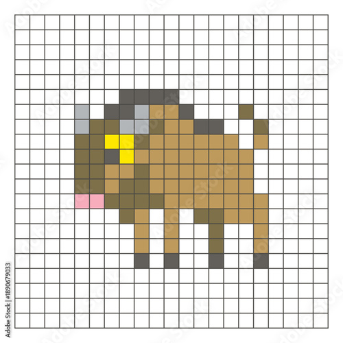 A flat pixel design made of geometric square color blocks on a clean grid layout. Pixel art wildebeest