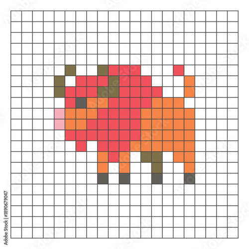 A flat pixel design made of geometric square color blocks on a clean grid layout. Pixel art bison