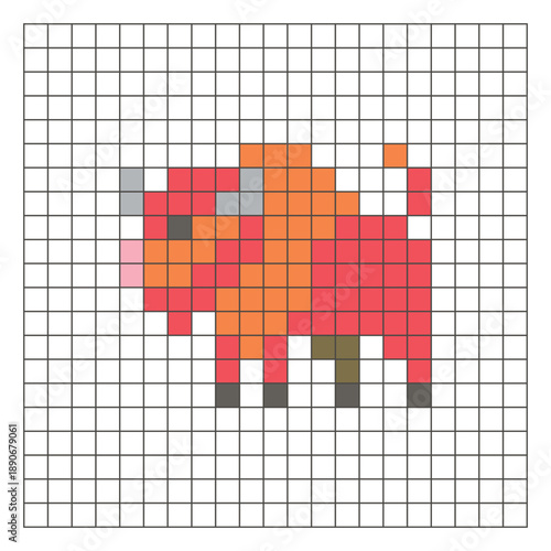 A flat pixel design made of geometric square color blocks on a clean grid layout. Pixel art bison