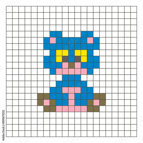 A flat pixel design made of geometric square color blocks on a clean grid layout. Pixel art bear