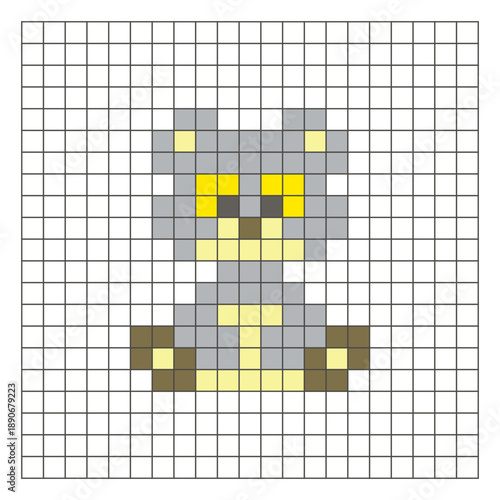 A flat pixel design made of geometric square color blocks on a clean grid layout. Pixel art bear