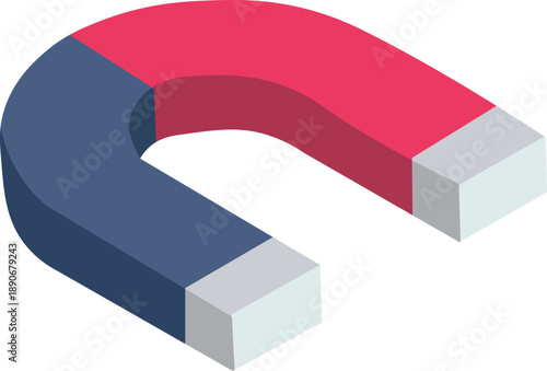 3D isometric horseshoe magnet vector illustration with red and blue magnetic poles isolated on white background