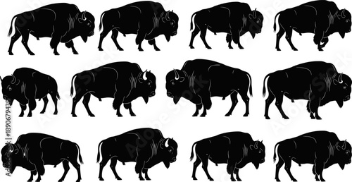 American bison silhouette illustration set showing multiple buffalo poses, black and white wildlife mammal collection, isolated vector icons for nature, western, and conservation design