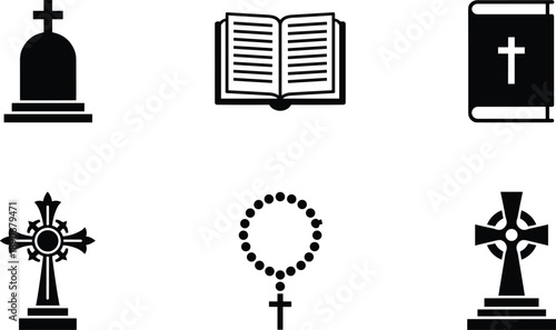 Religious And Funeral Solid Icon Set With Christian Cross Gravestone Holy Bible Rosary Beads And Spiritual Memorial Symbols