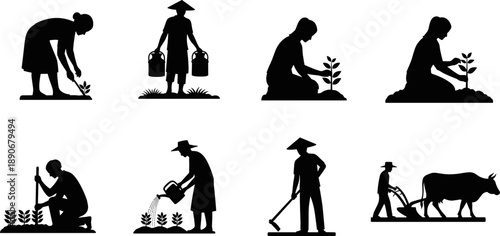 Black silhouette farmers working agriculture scenes, planting watering hoeing plowing with ox, rural life farming activities illustration isolated on white background vector set classic design