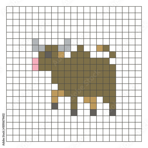 A flat pixel design made of geometric square color blocks on a clean grid layout. Pixel art cow